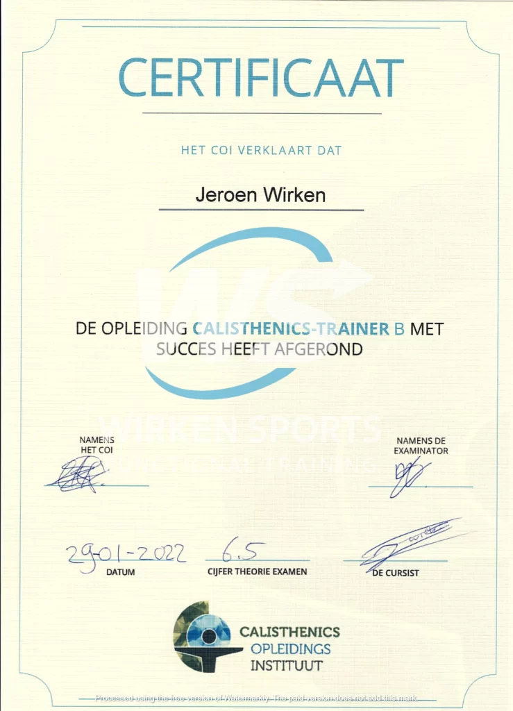 Certificaat calisthenics-trainer behaald.