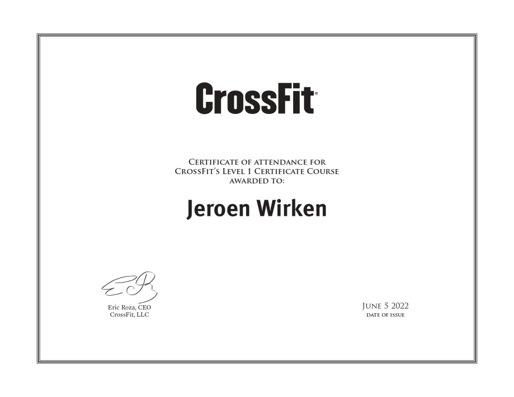 CrossFit certificaat van deelname Jeroen Wirken