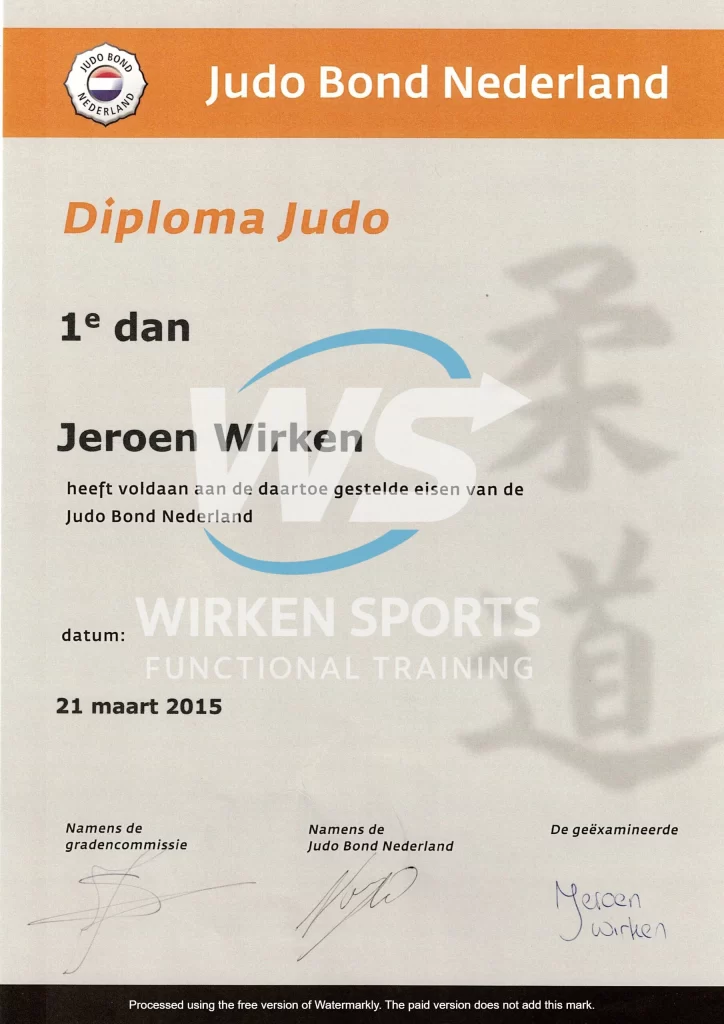Judodiploma 1e dan, Judo Bond Nederland, maart 2015.